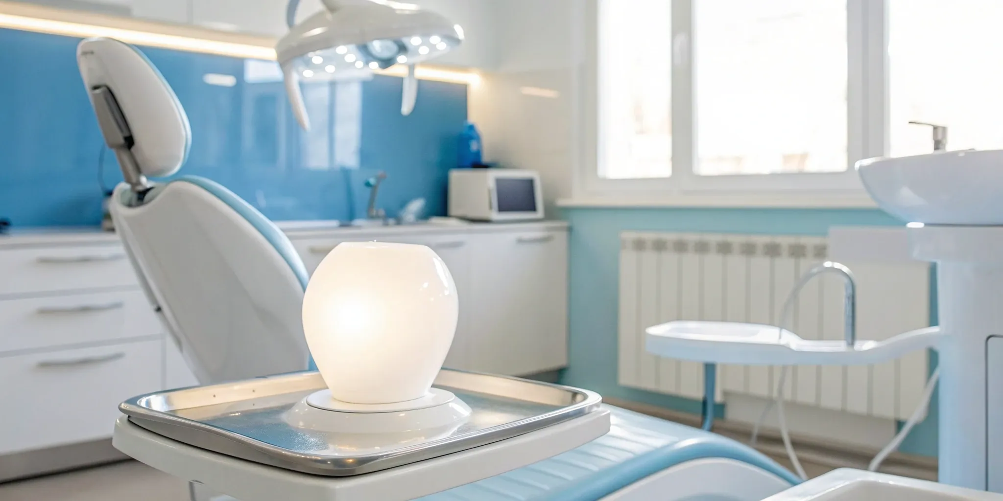 A dental chair in an office ready for a permanent dental veneers procedure.