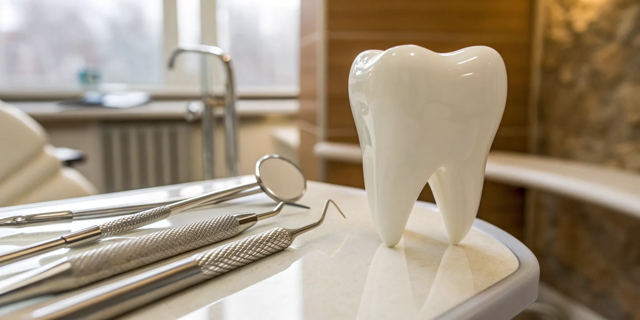 Dental tools and a model of a full arch implant supported bridge.