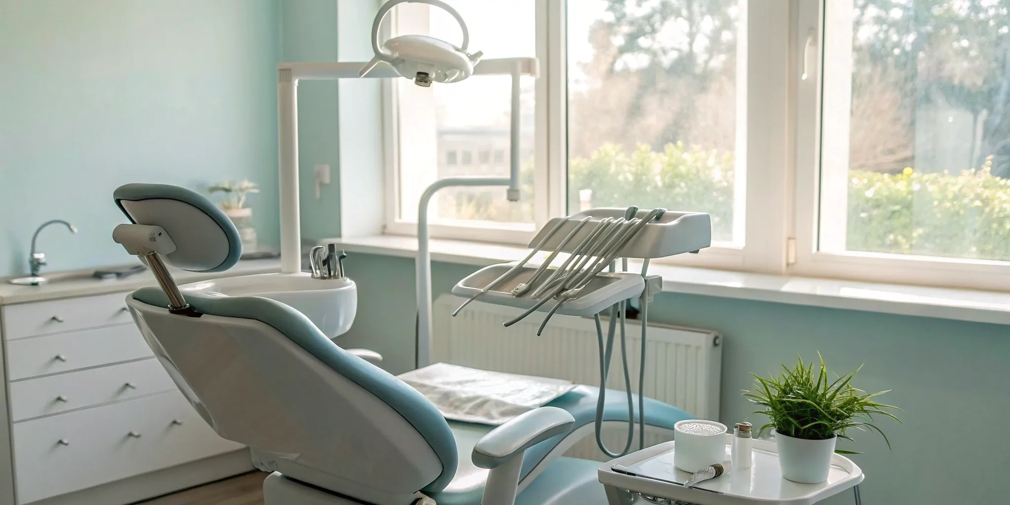 Dental exam chair and tools for scaling and root planing to treat painful gums.