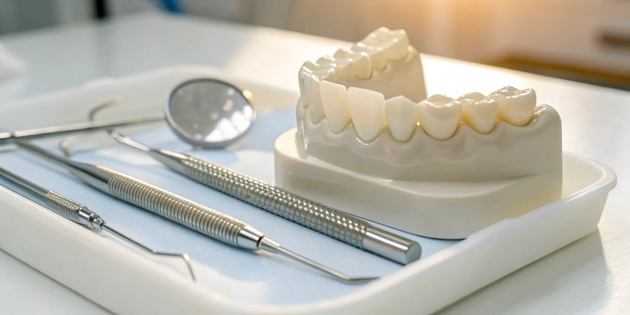 A dental model with an implant-supported bridge anchored to two dental implants.
