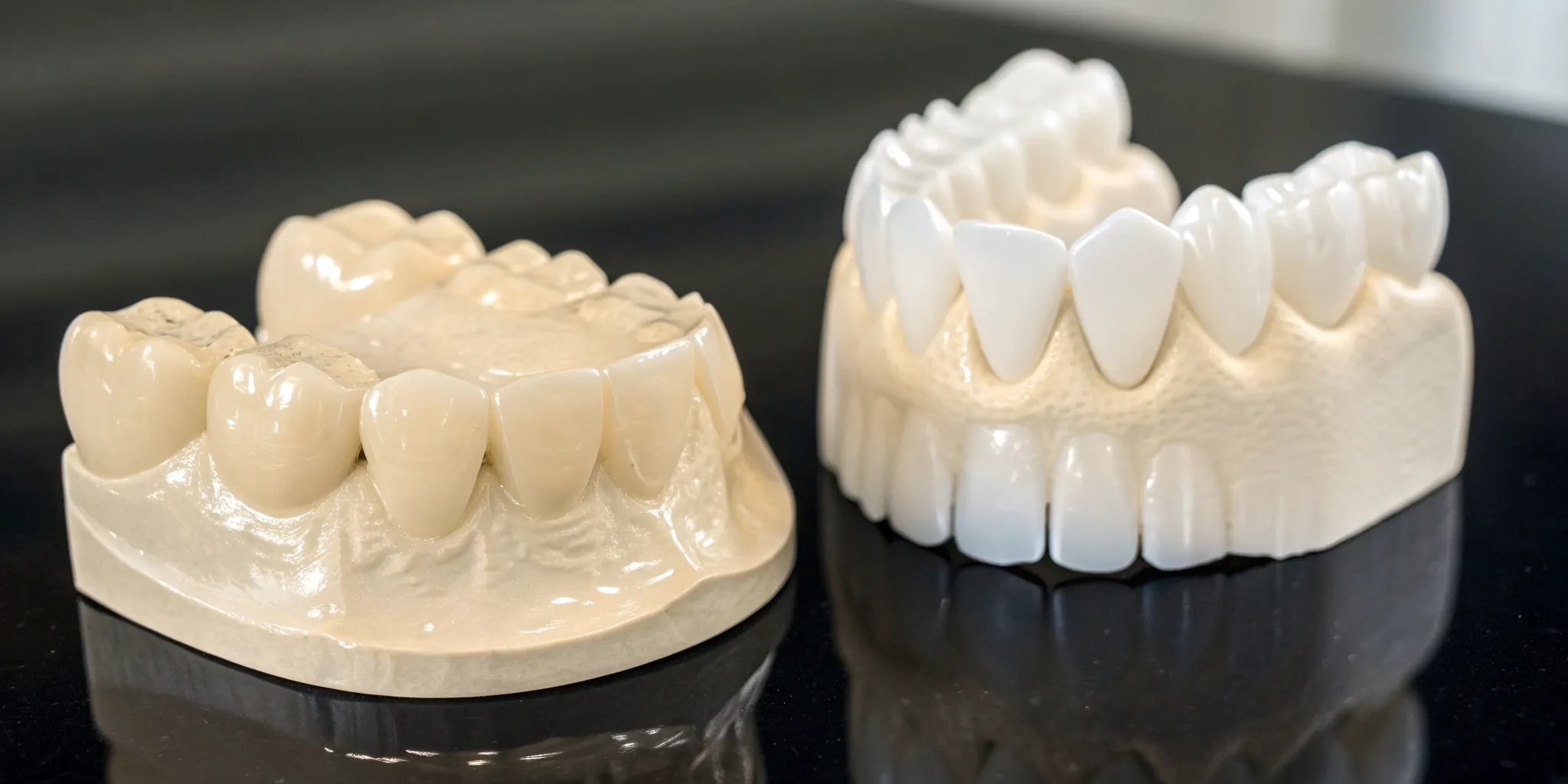 Dental models comparing porcelain veneers vs composite veneers side-by-side.